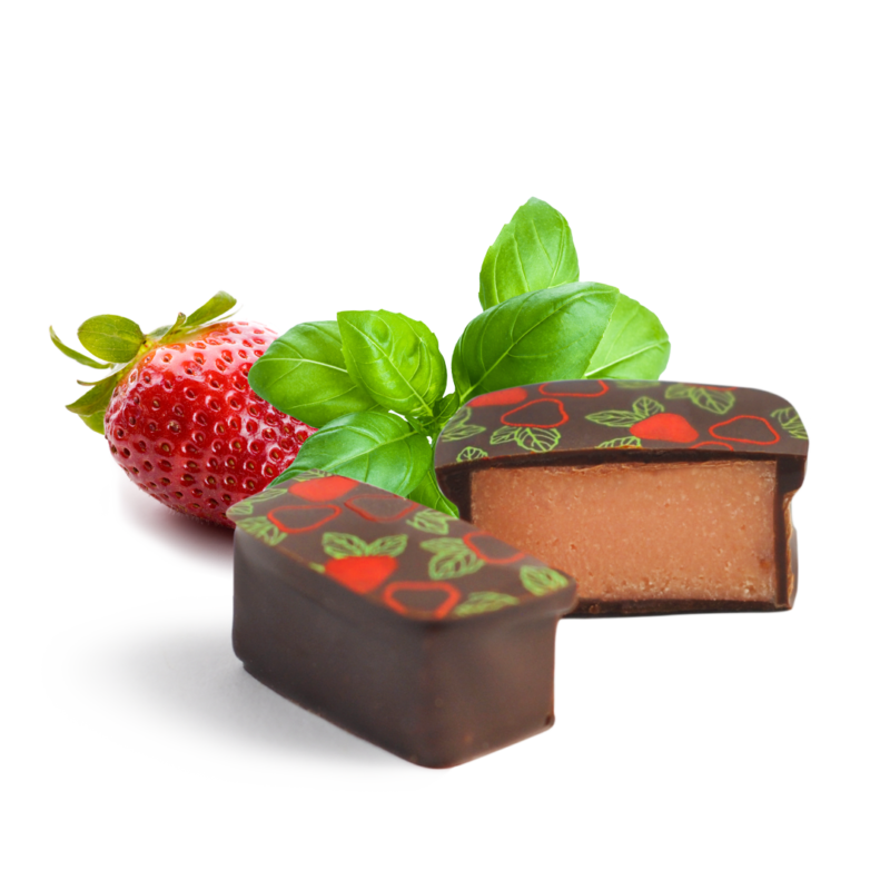Pott au Chocolat Praline Anschnitt Erdbeere Basilikum